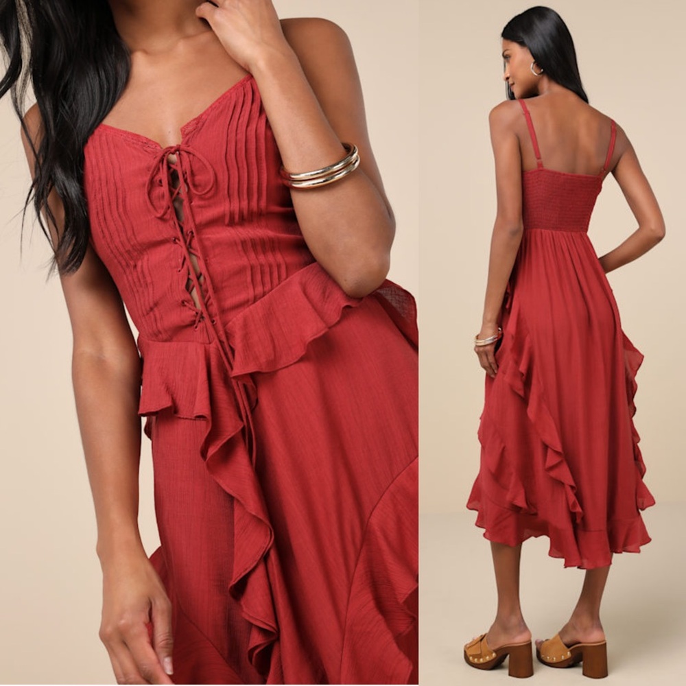 NWT LULUS Lace Up Pintuck Bustier Sleeveless Ruffle Skirt Cottagecore Dress M - Picture 2 of 5